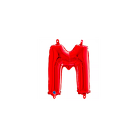 Red 14-inch Grabo foil balloon in the shape of the letter M, with shiny metallic surface and vibrant color.