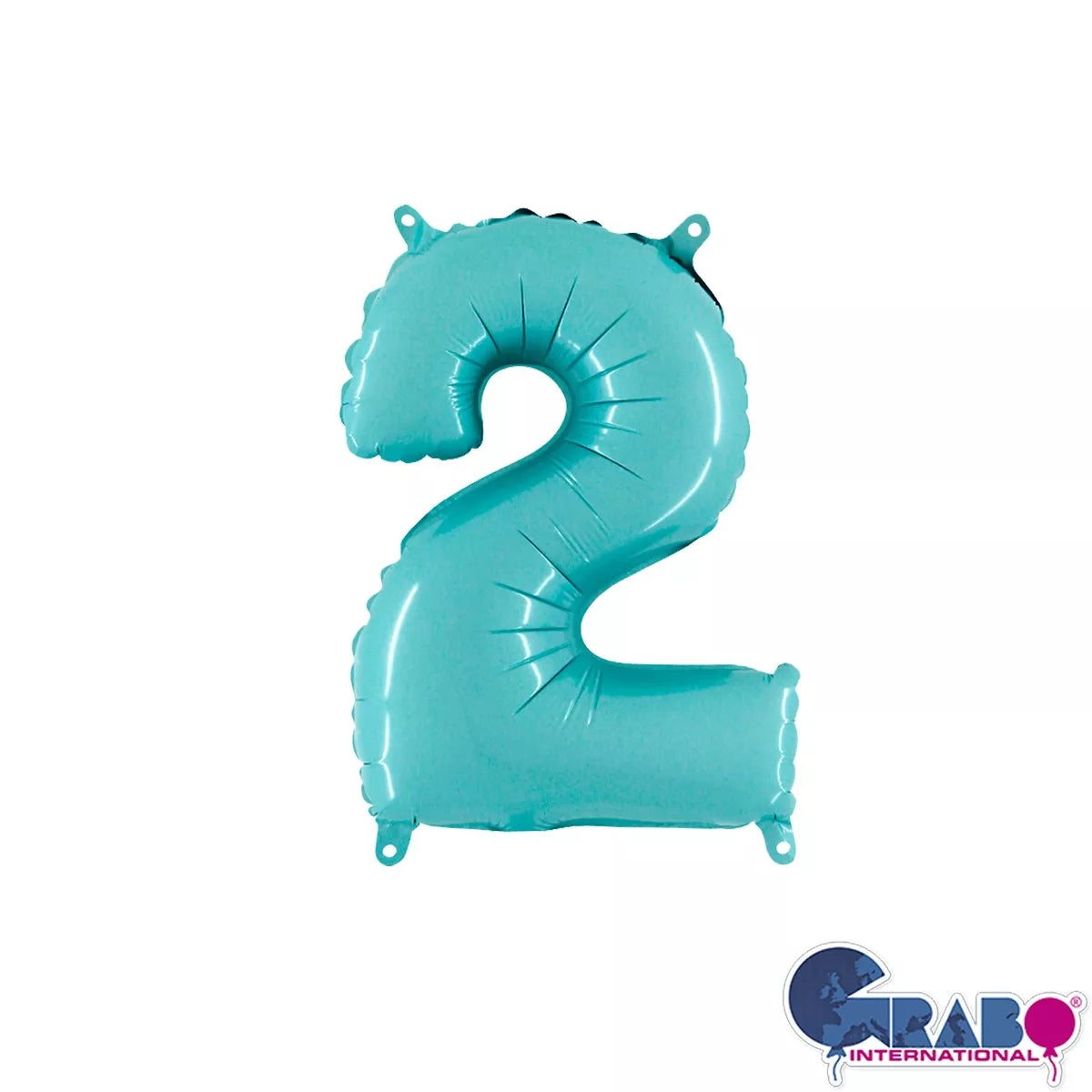 Pastel blue Grabo foil balloon shaped as the number 2, measuring 14 inches, suitable for celebrations and decorations.