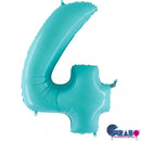 Pastel blue Grabo foil balloon shaped as the number 4, measuring 40 inches tall, with shiny metallic finish.