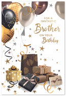 Set of six Simon Elvin C50 birthday cards for brother, featuring colorful designs and celebratory messages.