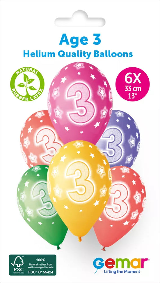 Gemar Cosmic Stars Age 3 13" Latex Balloons 6pk
