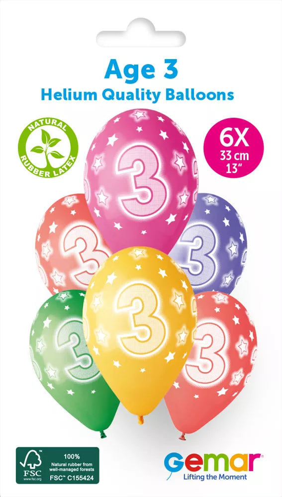 Six Gemar Cosmic Stars 13-inch latex printed balloons featuring colorful star designs for celebrations and parties.