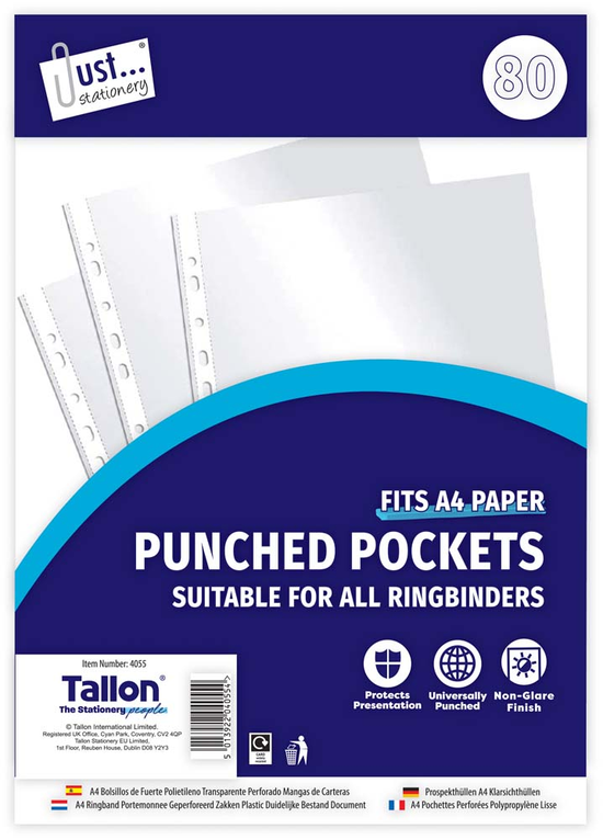 Clear Plastic A4 Punched Pockets 80pk