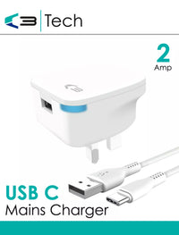 Vibe Centre Type C 2Amp mains charger for electronic devices, featuring a compact design and USB-C port for fast charging.