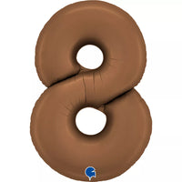 Grabo satin chocolate foil balloon in the shape of the number 8, 40 inches tall, with shiny, smooth surface and bold design.
