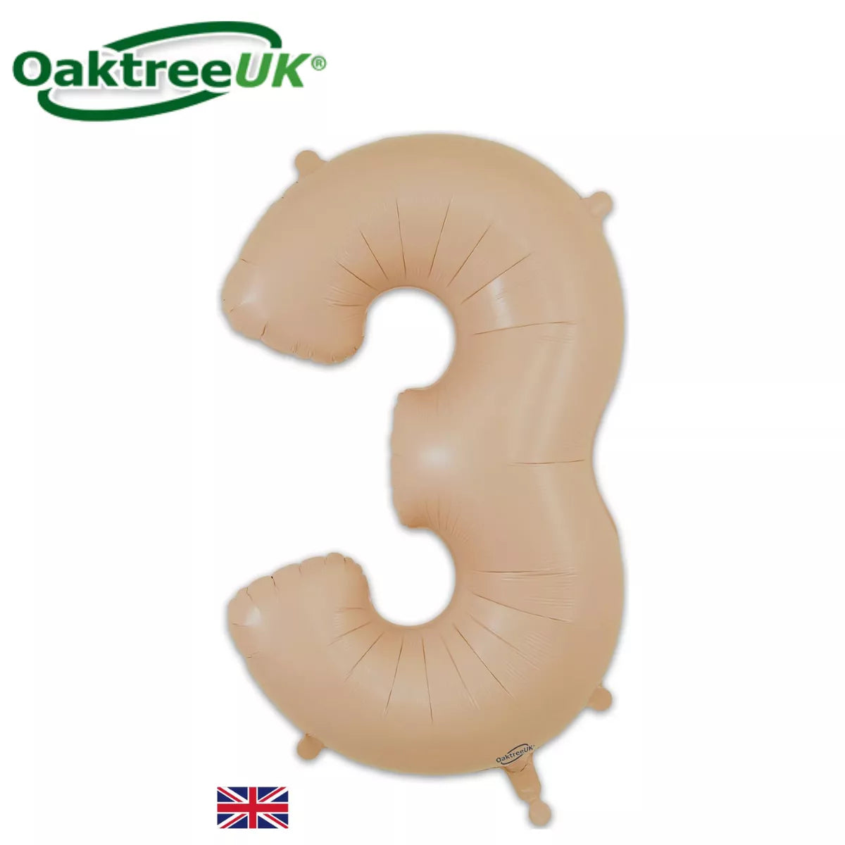 Oaktree 34-inch matte nude foil number 3 balloon, shiny metallic finish, inflated and floating against a neutral background.