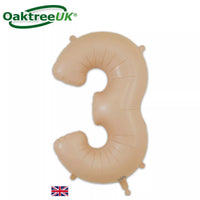 Oaktree 34-inch matte nude foil number 3 balloon, shiny metallic finish, inflated and floating against a neutral background.