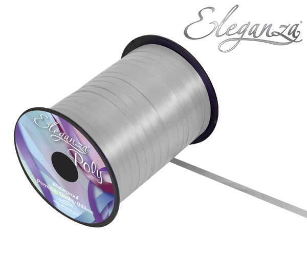 Elegant silver balloon ribbon by Eleganza, 5mm wide, 500 yards long, shown rolled up with shiny, smooth satin finish.