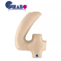 Cream satin foil balloon in number 4 shape, 40 inches tall, branded Grabo, with shiny, reflective surface and decorative design.