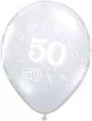 Qualatex Diamond Clear Age 50 11-inch printed latex balloons, 50-pack, showing transparent balloons with age-themed print design.