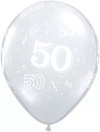 Qualatex Diamond Clear Age 50 11-inch printed latex balloons, 50-pack, showing transparent balloons with age-themed print design.