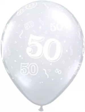 Qualatex Diamond Clear Age 50 11-inch printed latex balloons, 50-pack, showing transparent balloons with age-themed print design.