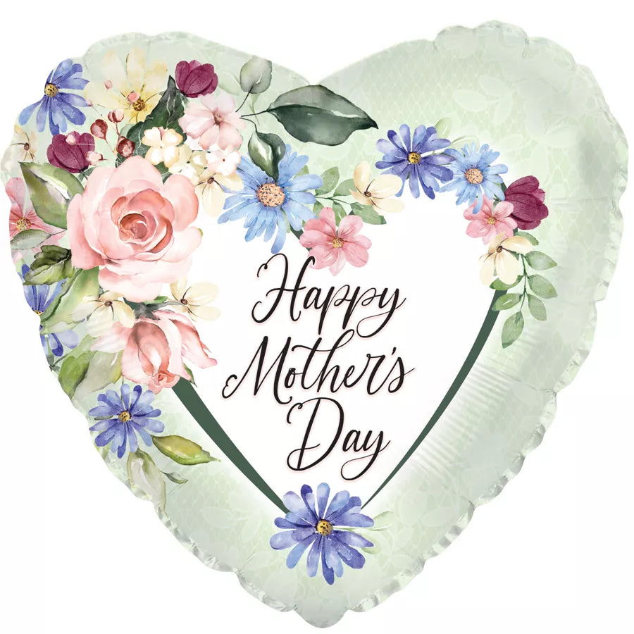 TRI Mother's Day floral heart foil balloon, 17-inch decorative foil balloon with colorful floral design, suitable for celebrations.
