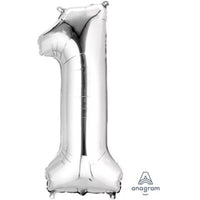 Silver 34-inch Anagram foil balloon in the shape of the number 1, shiny and reflective for celebration decorations.