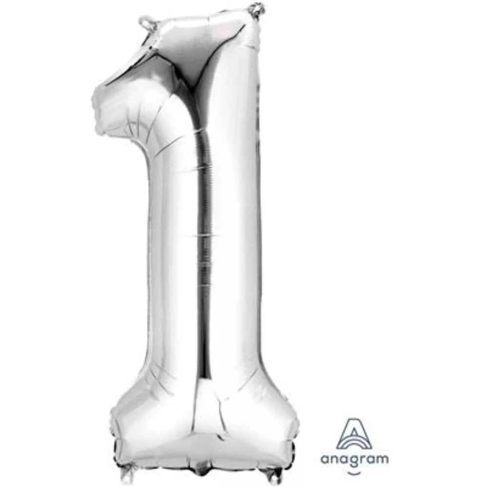 Silver 34-inch Anagram foil balloon in the shape of the number 1, shiny and reflective for celebration decorations.