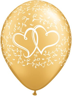 Set of 25 gold latex balloons with printed entwined hearts design, 11-inch round Qualatex balloons for celebration decorations.