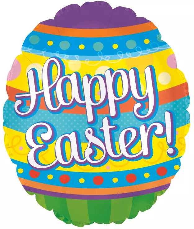 Tri Happy Easter Egg 9-inch foil balloon, air fill decorative balloon with colorful Easter-themed design.