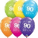 Qualatex 25-pack printed latex balloons featuring tropical 90th birthday design, assorted colors, 11-inch size.