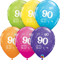 Qualatex 25-pack printed latex balloons featuring tropical 90th birthday design, assorted colors, 11-inch size.