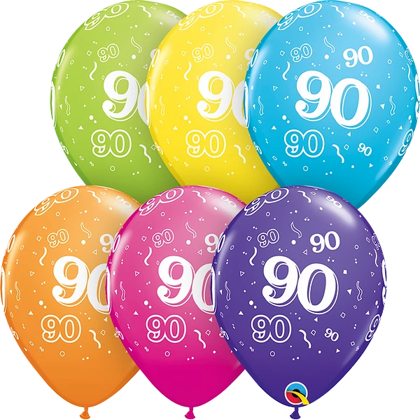 Qualatex 25-pack printed latex balloons featuring tropical 90th birthday design, assorted colors, 11-inch size.