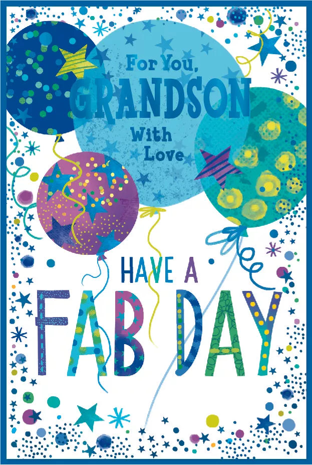 Simon Elvin C75 birthday cards set featuring six cards for a grandson, with colorful designs and cheerful messages.