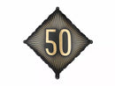 PartyDeco 18-inch black and gold foil balloon celebrating age 50, featuring shiny metallic finish and festive design.