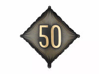 PartyDeco 18-inch black and gold foil balloon celebrating age 50, featuring shiny metallic finish and festive design.