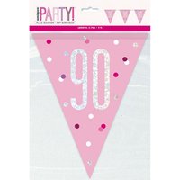 Pink glitz flag banner for 90th birthday celebration, 9ft long, by Unique, featuring sparkling decorative flags for festive decor.