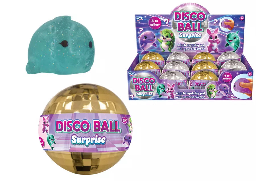 Kandy Toys Surprise Squishy in disco ball shape, soft and squeezable toy with shiny, reflective surface for fun and stress relief.