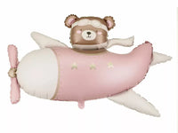 PartyDeco foil balloon featuring a bear in an airplane, 37-inch air-filled foil balloon for celebrations and parties.
