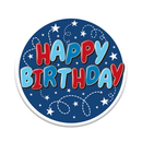 Six small birthday open badges by Tiger Feet featuring colorful designs, perfect for party decorations or gift tags.