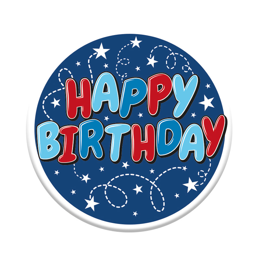 Six small birthday open badges by Tiger Feet featuring colorful designs, perfect for party decorations or gift tags.