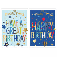 Poppyhill 12-pack birthday cards featuring twin-themed designs, perfect for celebrating special occasions.