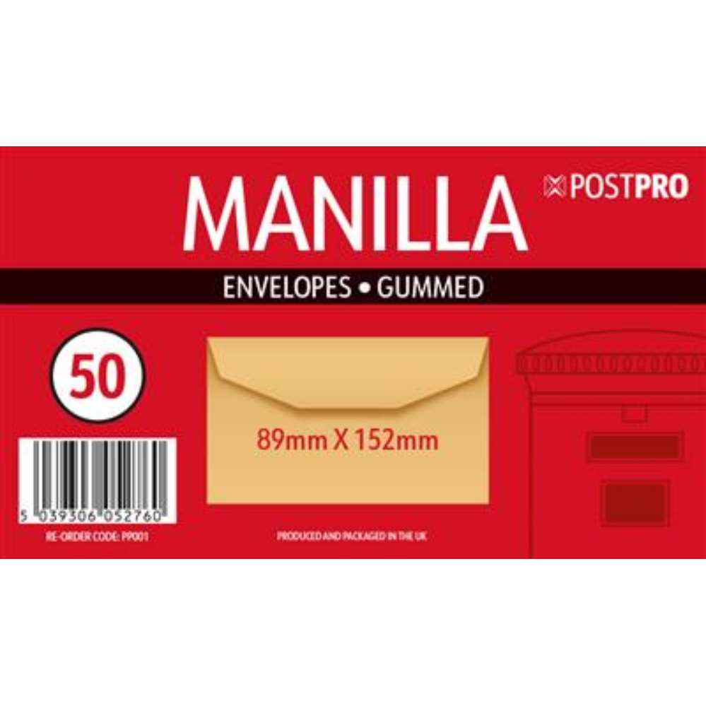 Post Pro Gummed Envelopes Manilla 89x152mm 50pk