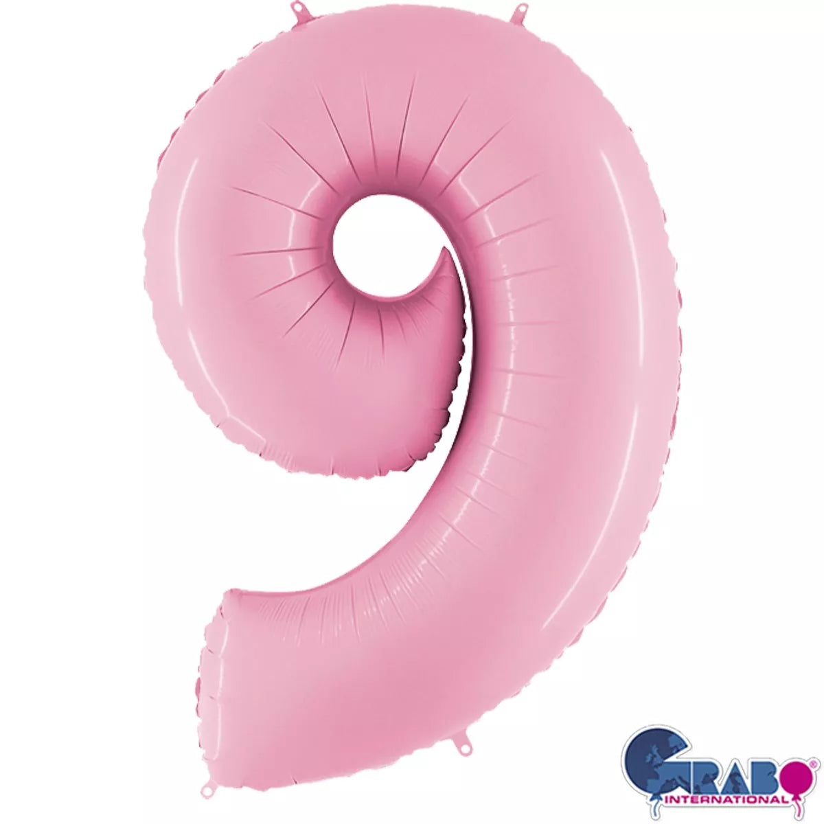 Pastel pink Grabo foil balloon in the shape of the number 9, 40 inches tall, suitable for celebrations and decorations.