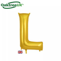 Gold Oaktree foil balloon in the shape of the letter L, 34 inches tall, shiny metallic finish, perfect for celebrations.
