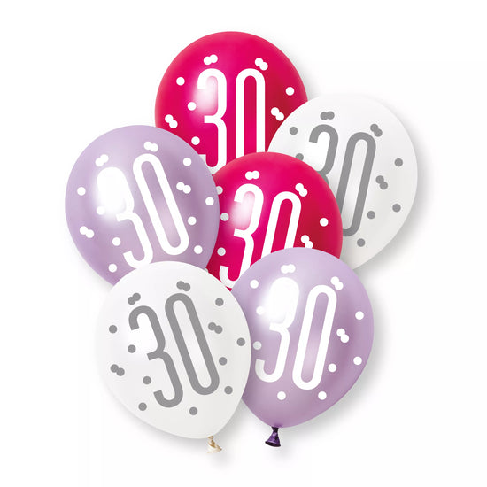 Unique Glitz Age 30 Pink 12" Latex 6pk