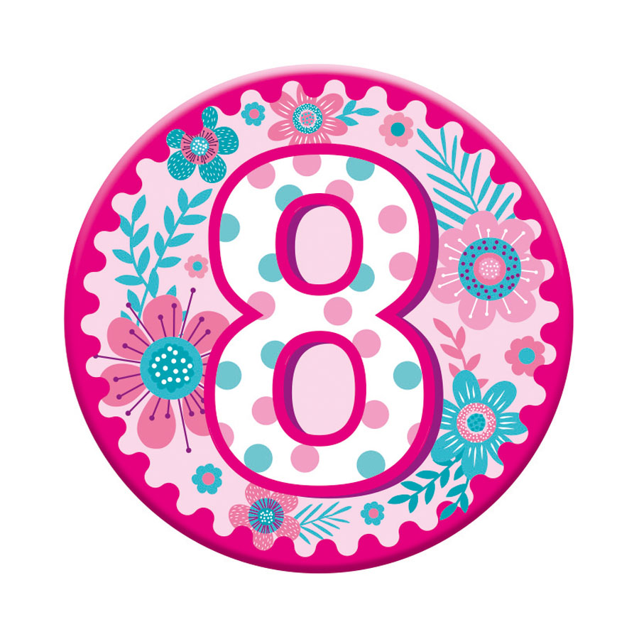 Six small Tiger Feet birthday badges displaying the number 8 for celebrating an 8th birthday.