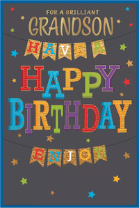 Six Simon Elvin C75 birthday cards for grandson, featuring colorful designs and festive messages, displayed in the image.