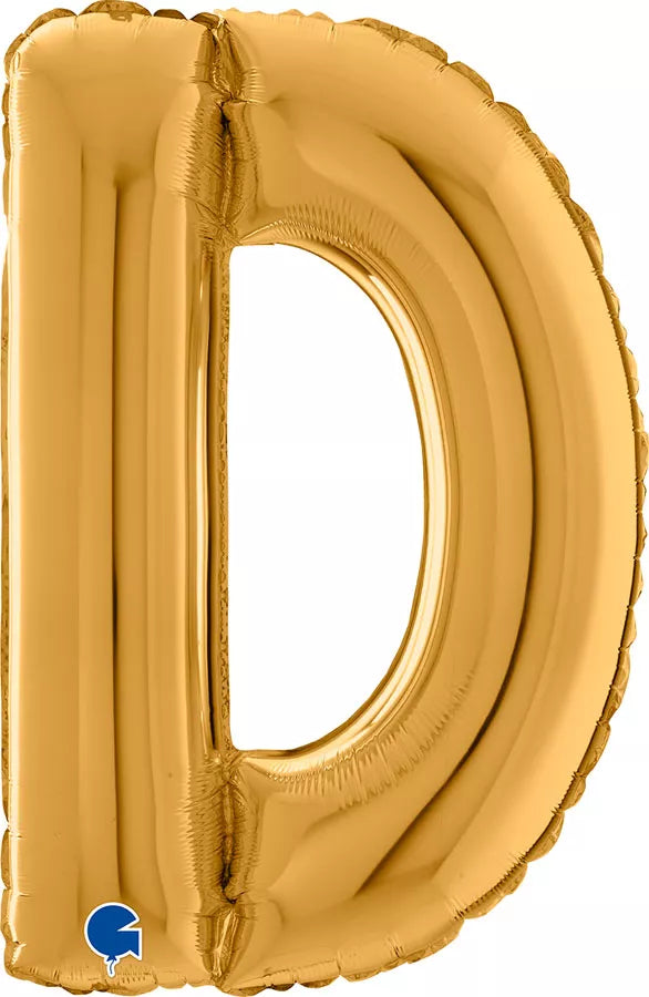 Gold Grabo foil balloon in the shape of the letter D, measuring 26 inches, with shiny metallic surface and bold letter design.