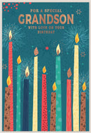 Six Simon Elvin C50 birthday cards for grandson, featuring colorful designs and festive greetings.