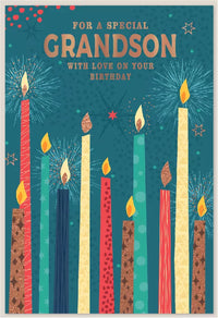 Six Simon Elvin C50 birthday cards for grandson, featuring colorful designs and festive greetings.