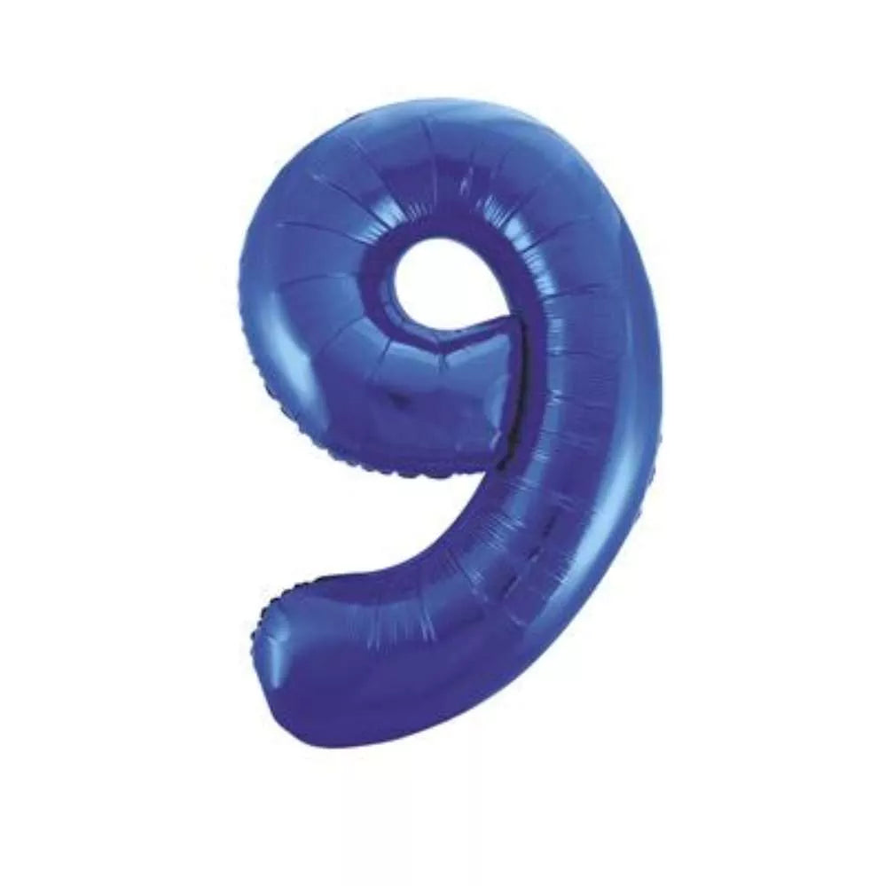 Blue foil balloon shaped as number 9, 34 inches tall, by Unique, with shiny glitz finish for celebration decorations.