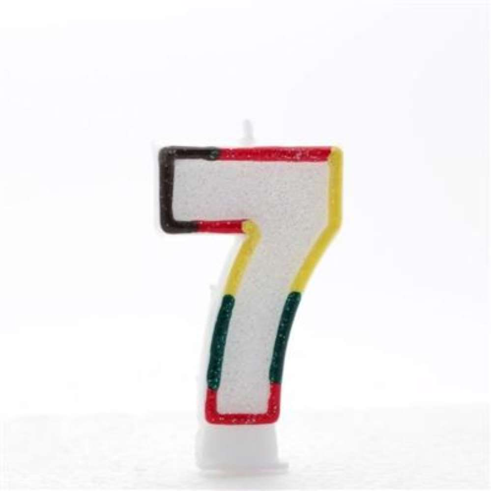 APAC 6-pack rainbow number 7 party candles, colorful and decorative candles for birthday celebrations, arranged in a row.