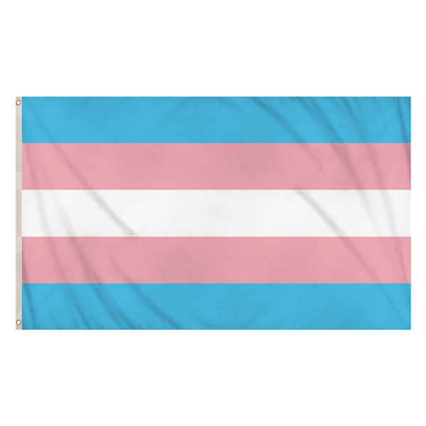 Transgender Pride flag, 5ft by 3ft, with colorful stripes representing LGBTQ+ pride, displayed flat against a surface.