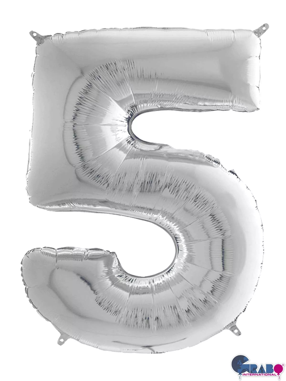 Silver Grabo foil balloon in the shape of number 5, 26 inches tall, shiny metallic finish, perfect for celebrations and parties.