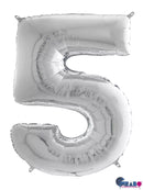 Silver Grabo foil balloon in the shape of number 5, 26 inches tall, shiny metallic finish, perfect for celebrations and parties.