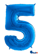 Blue 26-inch Grabo foil balloon shaped as the number 5, shiny metallic surface, floating against a plain background.
