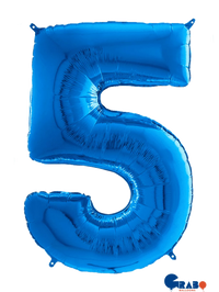 Blue 26-inch Grabo foil balloon shaped as the number 5, shiny metallic surface, floating against a plain background.