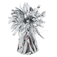 Silver APAC Tassel Balloon Weight with decorative tassels for securing helium or air balloons at events.